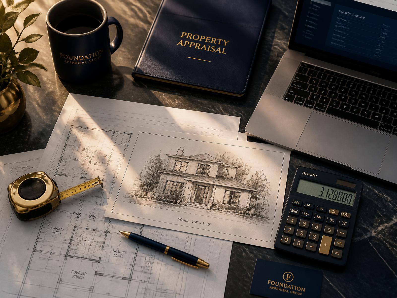 Appraisal desk with property sketch, blueprints and measuring tools
